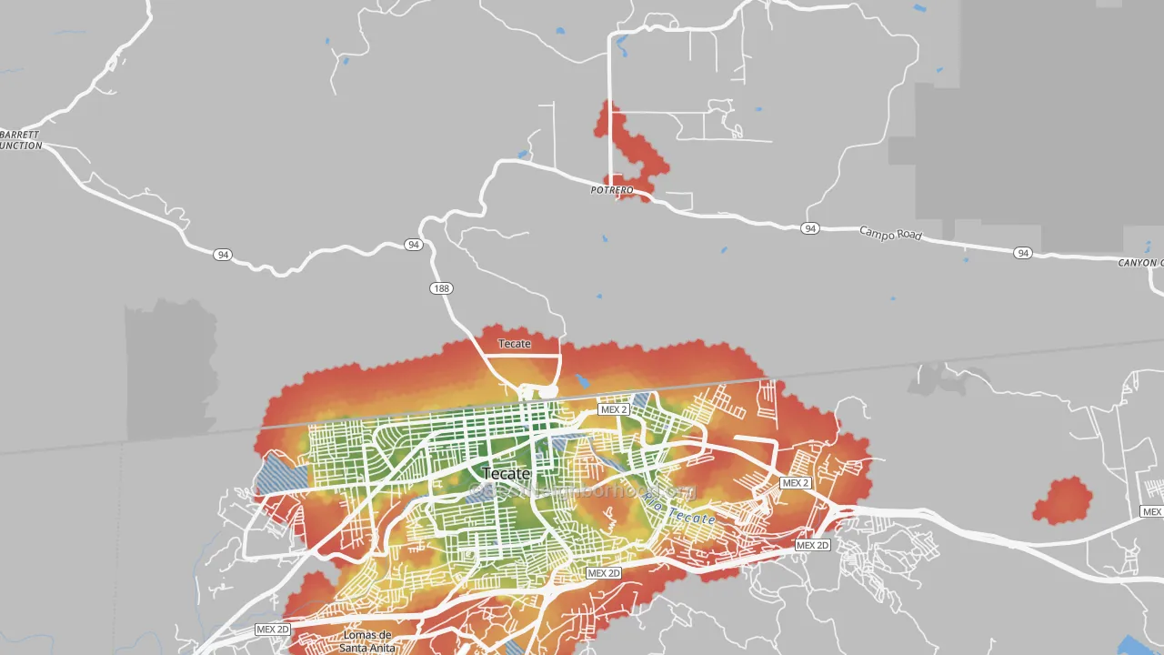 Walk Grade map of 91980, CA, walkable areas in green and car-dependent areas in red