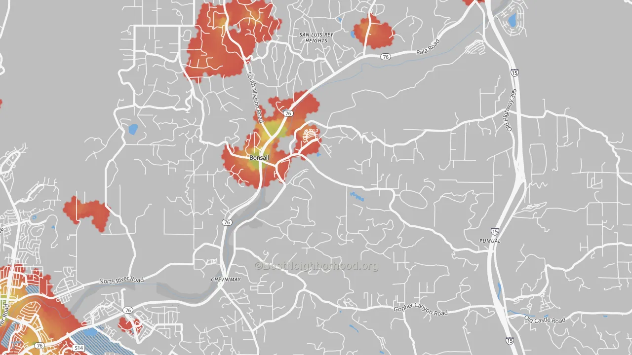 Walk Grade map of 92003, CA, walkable areas in green and car-dependent areas in red