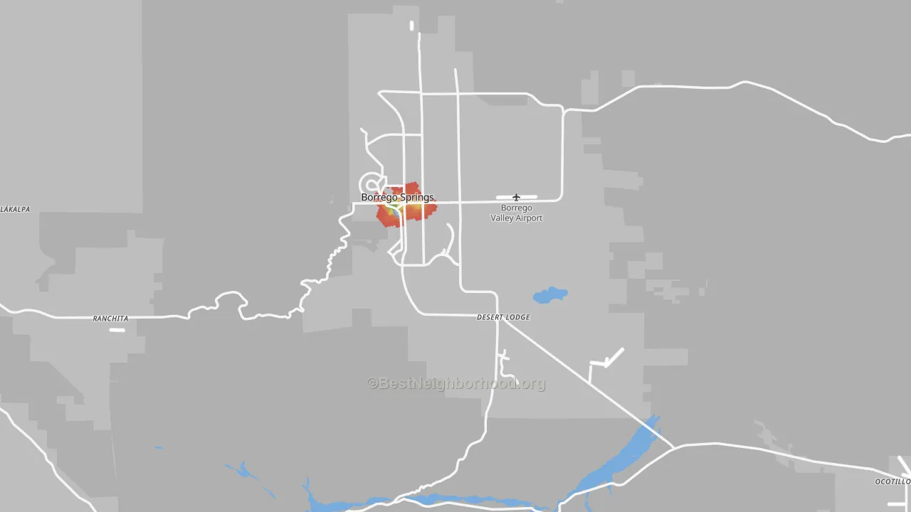 Walk Grade map of 92004, CA, walkable areas in green and car-dependent areas in red
