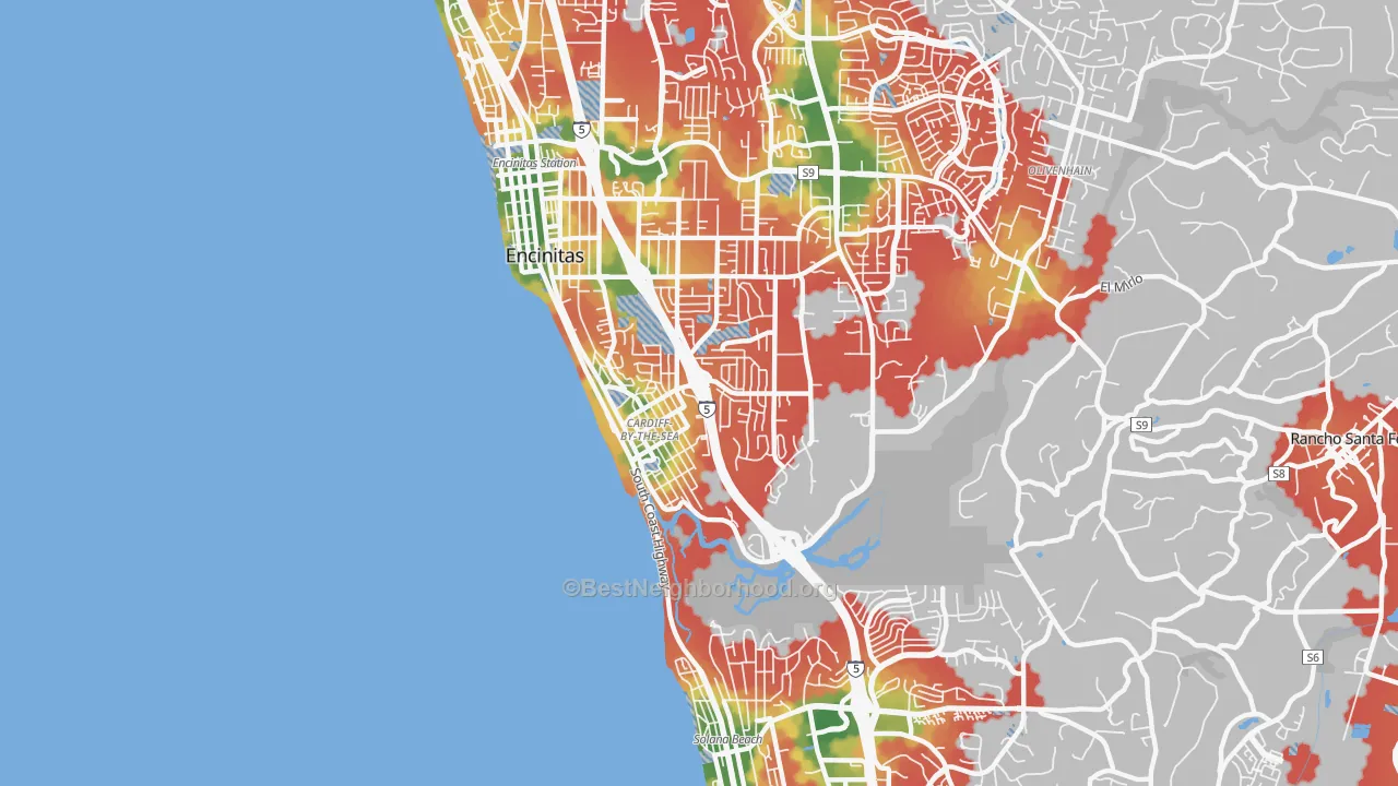 Walk Grade map of 92007, CA, walkable areas in green and car-dependent areas in red
