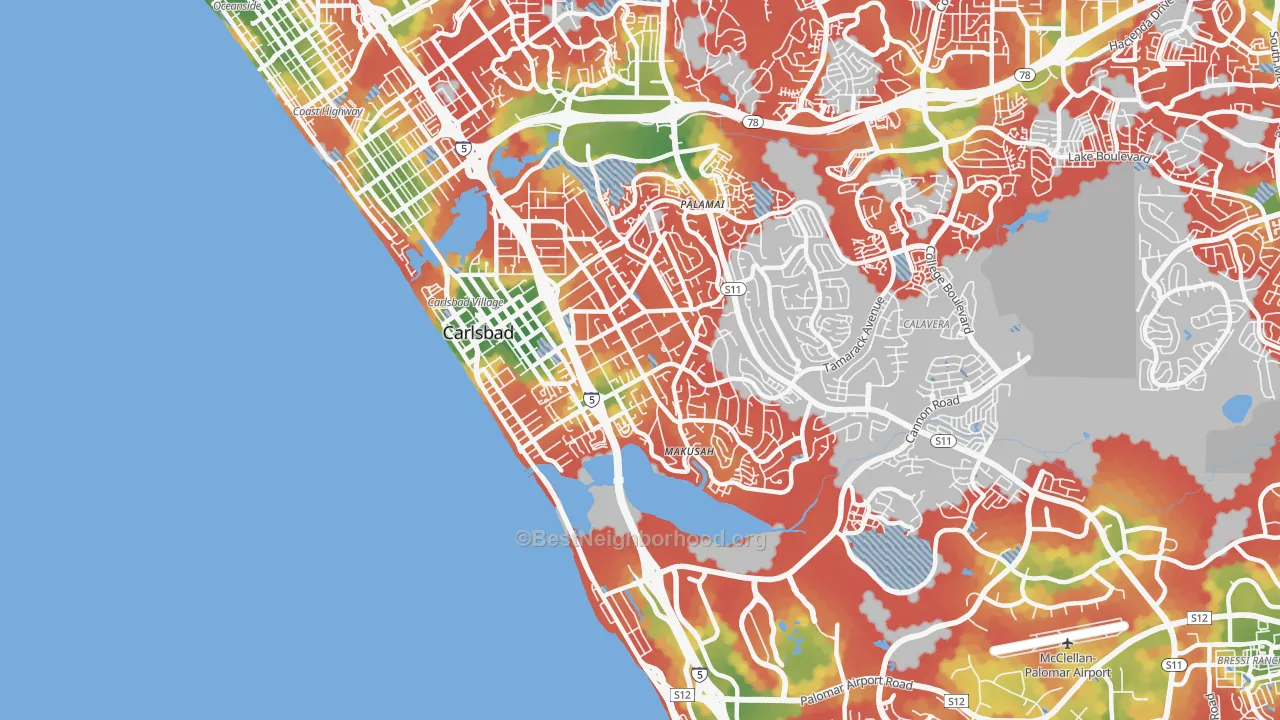 Walk Grade map of 92008, CA, walkable areas in green and car-dependent areas in red