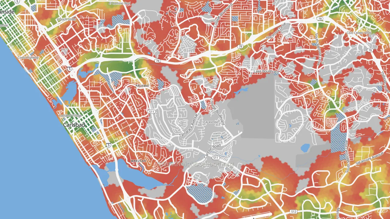 Walk Grade map of 92010, CA, walkable areas in green and car-dependent areas in red