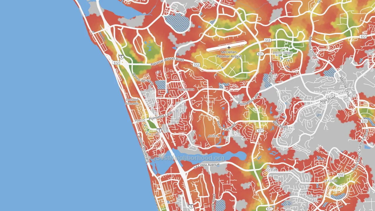 Walk Grade map of 92011, CA, walkable areas in green and car-dependent areas in red