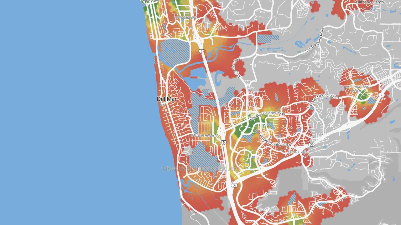Walk Grade map of 92014, CA, walkable areas in green and car-dependent areas in red