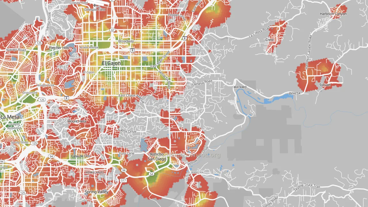 Walk Grade map of 92019, CA, walkable areas in green and car-dependent areas in red