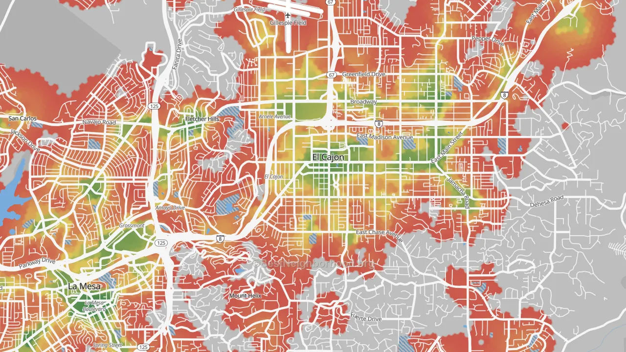 Walk Grade map of 92020, CA, walkable areas in green and car-dependent areas in red