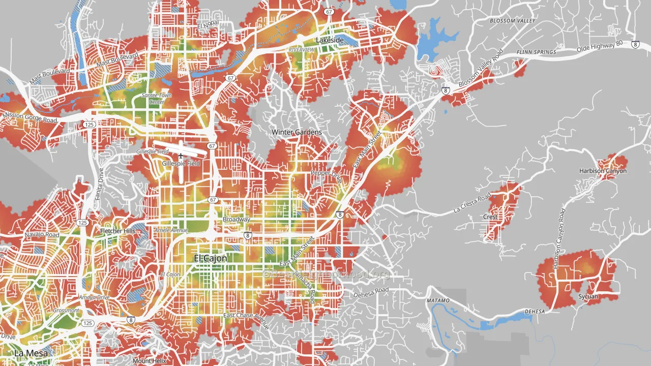Walk Grade map of 92021, CA, walkable areas in green and car-dependent areas in red