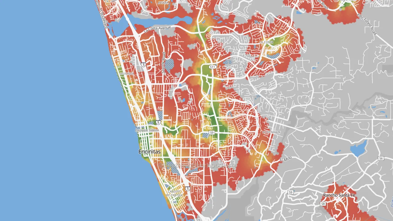 Walk Grade map of 92024, CA, walkable areas in green and car-dependent areas in red