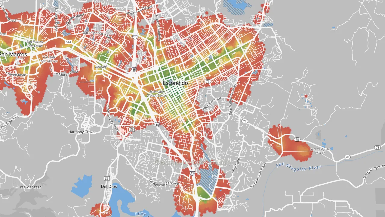 Walk Grade map of 92025, CA, walkable areas in green and car-dependent areas in red