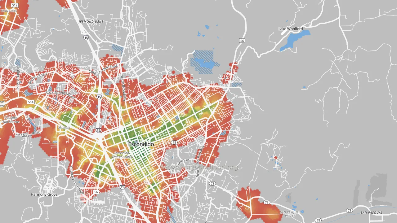 Walk Grade map of 92027, CA, walkable areas in green and car-dependent areas in red