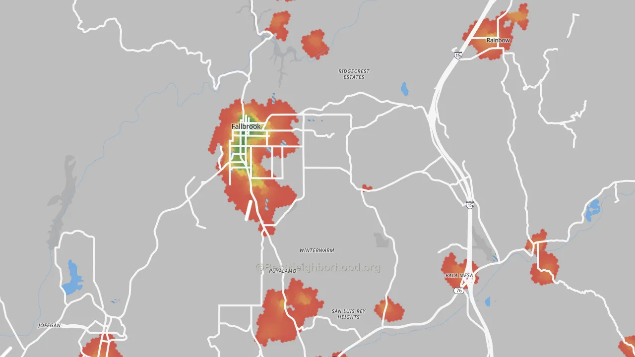 Walk Grade map of 92028, CA, walkable areas in green and car-dependent areas in red