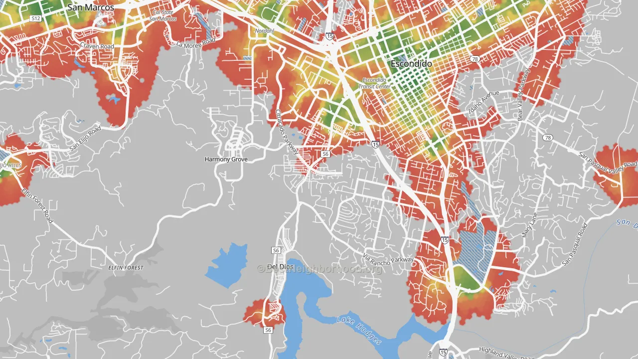 Walk Grade map of 92029, CA, walkable areas in green and car-dependent areas in red