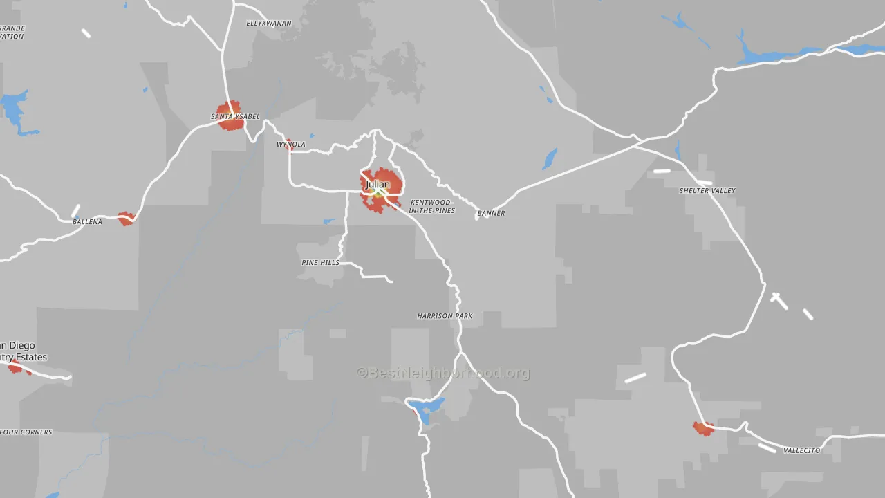 Walk Grade map of 92036, CA, walkable areas in green and car-dependent areas in red