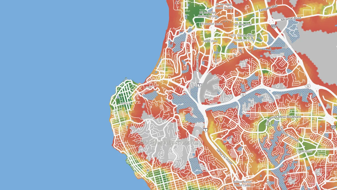 Walk Grade map of 92037, CA, walkable areas in green and car-dependent areas in red