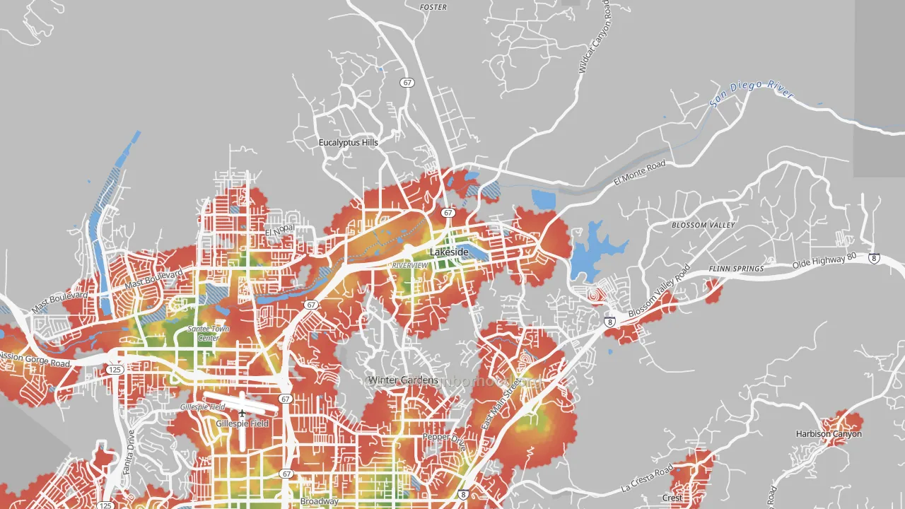 Walk Grade map of 92040, CA, walkable areas in green and car-dependent areas in red