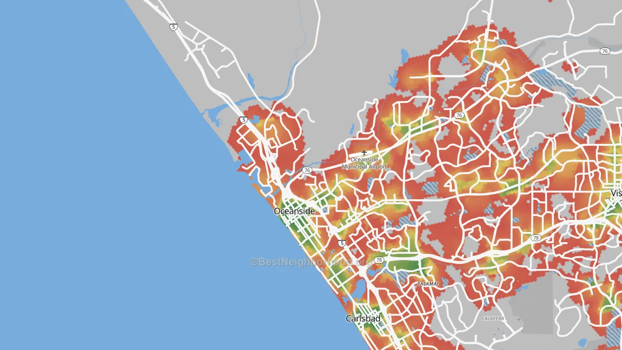 Walk Grade map of 92054, CA, walkable areas in green and car-dependent areas in red