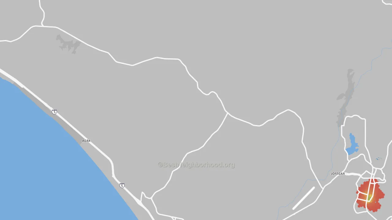 Walk Grade map of 92055, CA, walkable areas in green and car-dependent areas in red