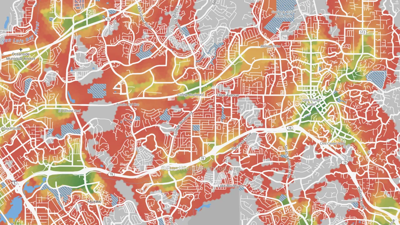 Walk Grade map of 92056, CA, walkable areas in green and car-dependent areas in red