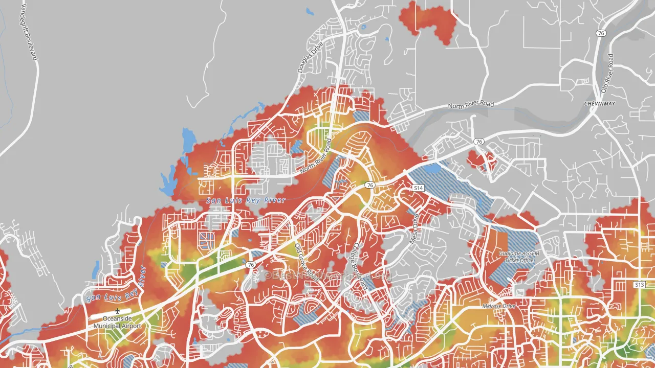 Walk Grade map of 92057, CA, walkable areas in green and car-dependent areas in red