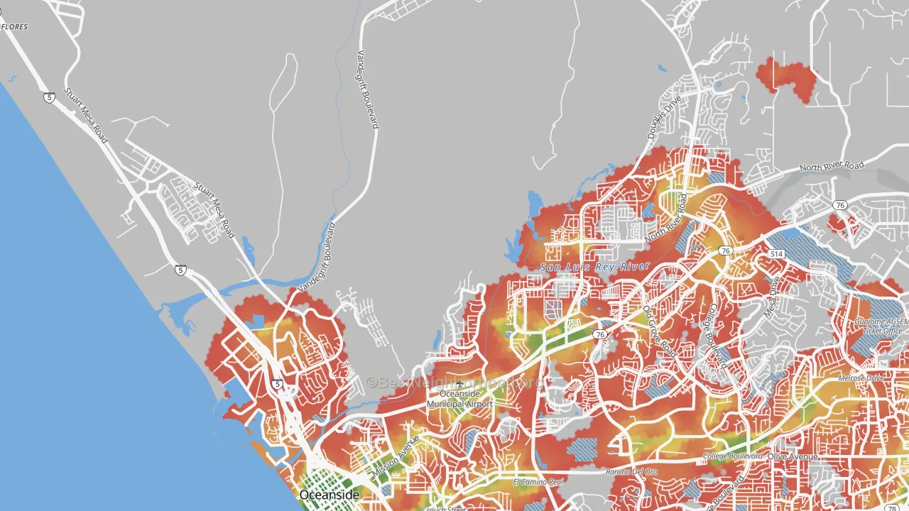 Walk Grade map of 92058, CA, walkable areas in green and car-dependent areas in red