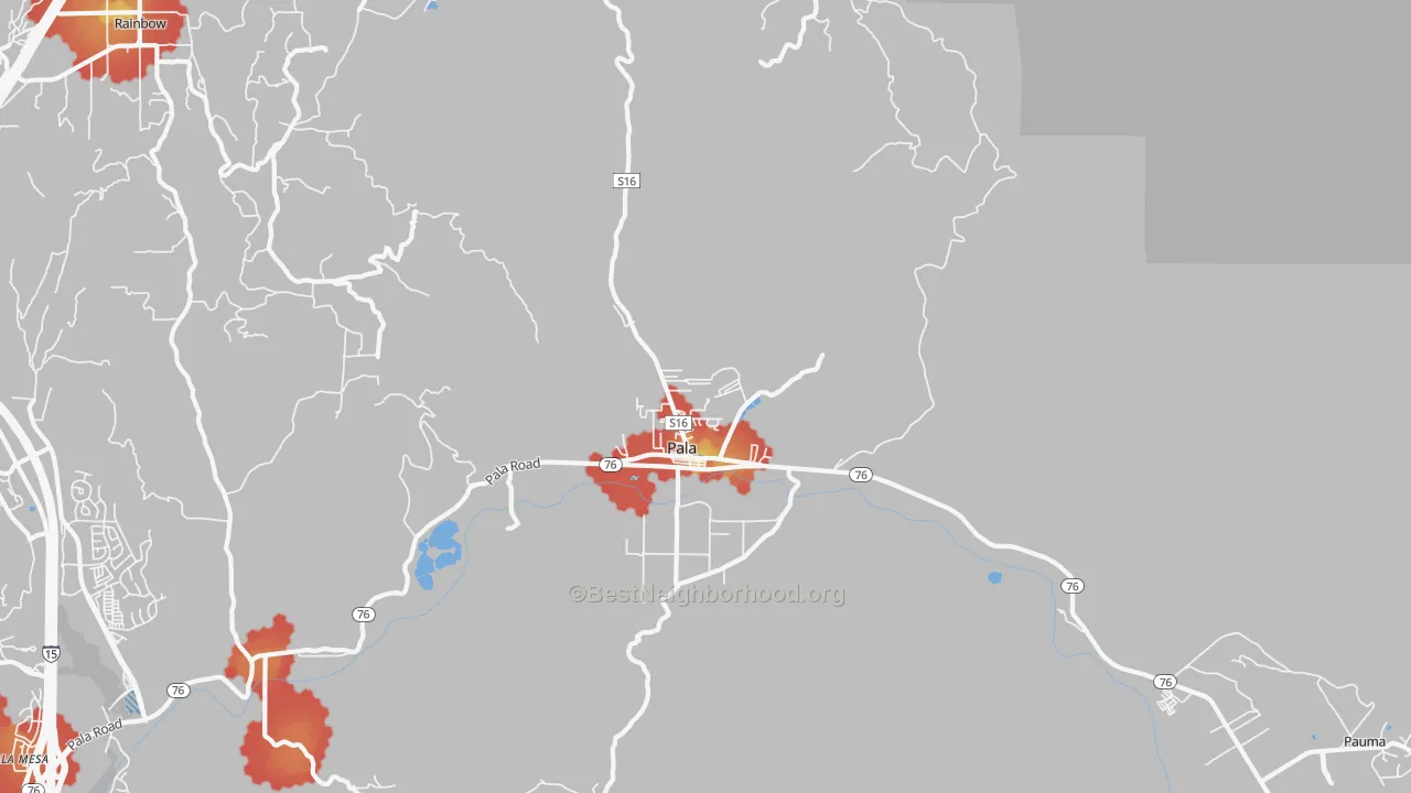 Walk Grade map of 92059, CA, walkable areas in green and car-dependent areas in red