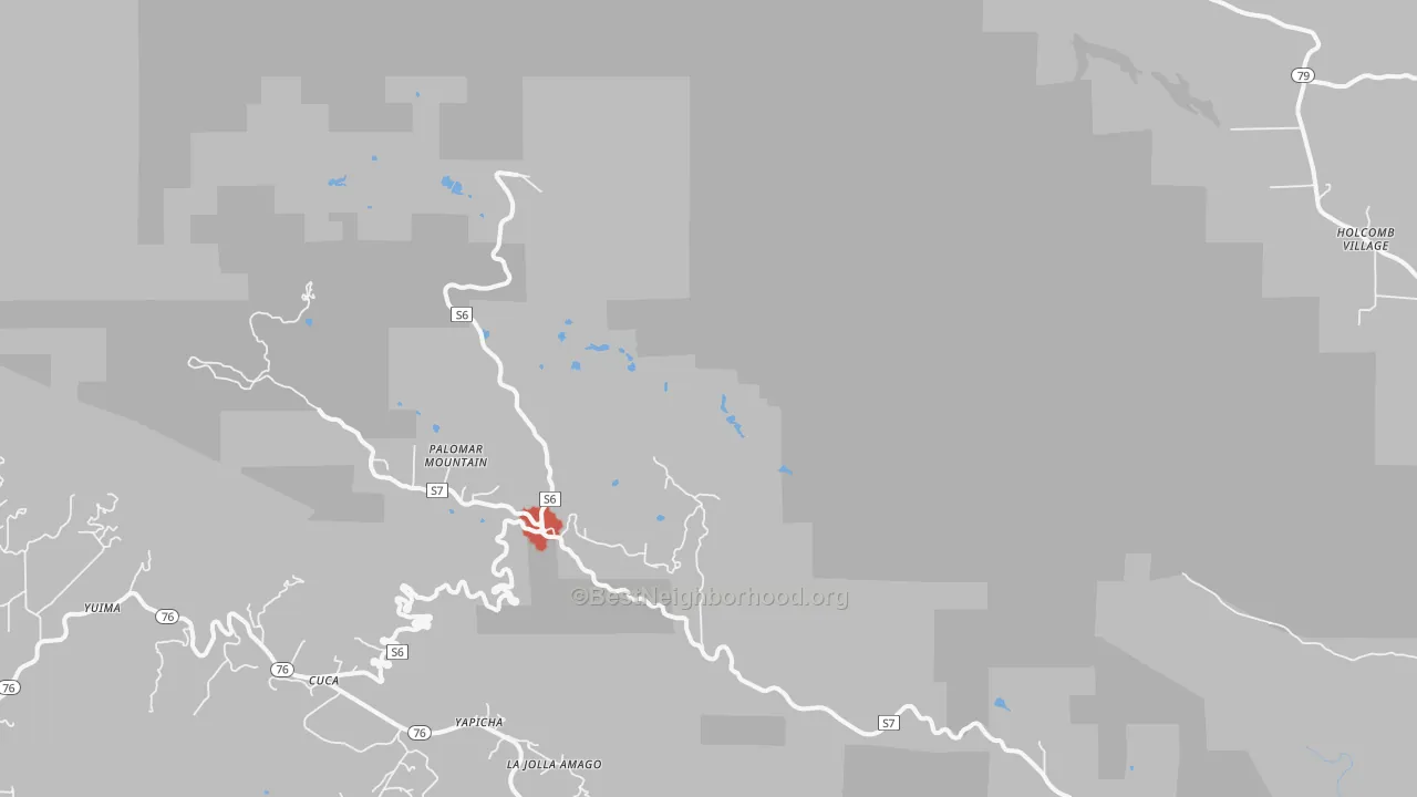 Walk Grade map of 92060, CA, walkable areas in green and car-dependent areas in red