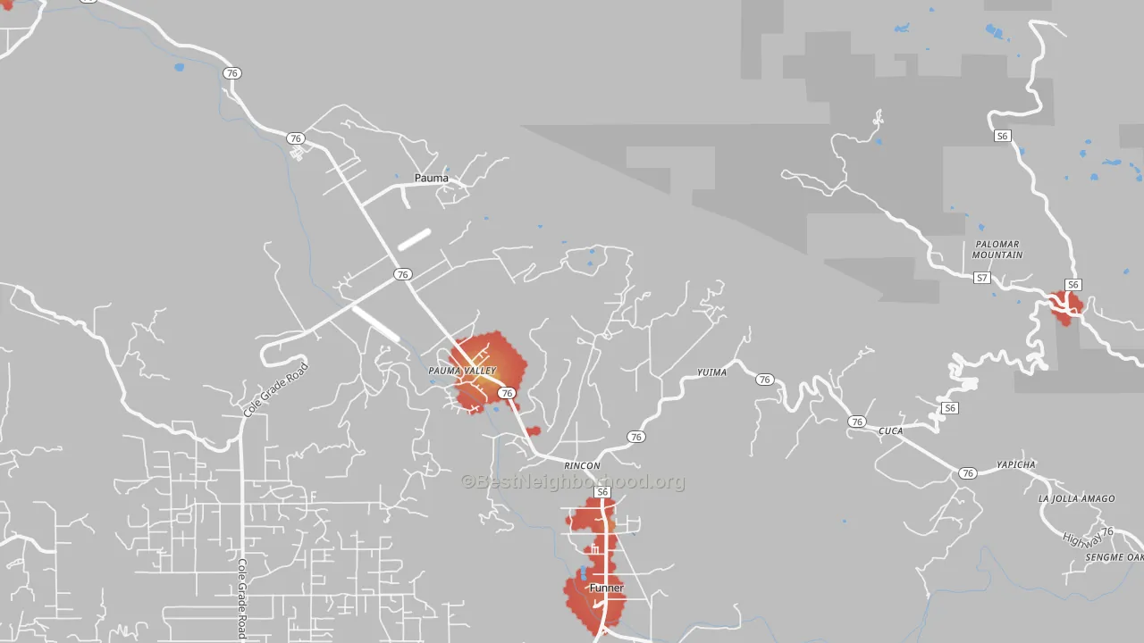 Walk Grade map of 92061, CA, walkable areas in green and car-dependent areas in red