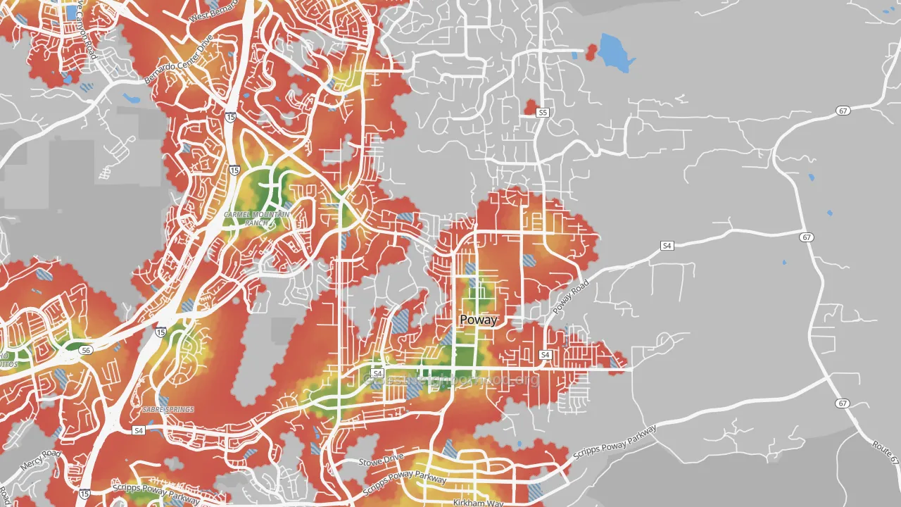 Walk Grade map of 92064, CA, walkable areas in green and car-dependent areas in red