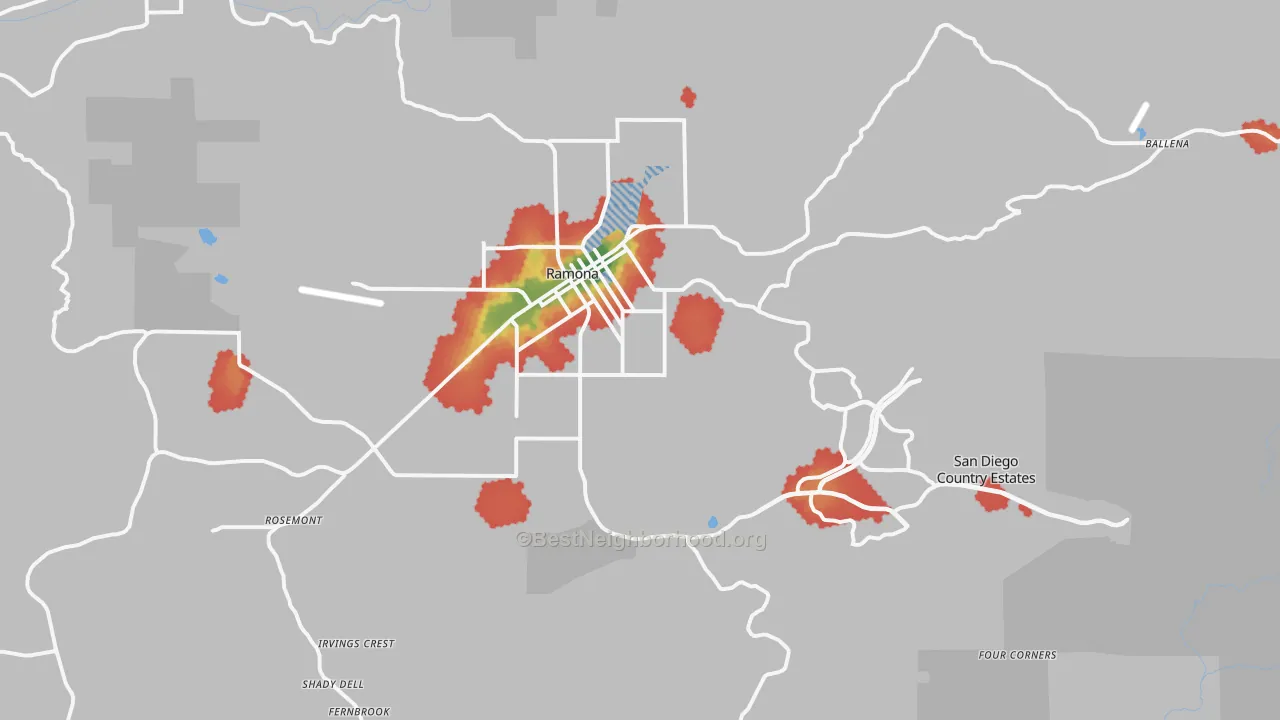 Walk Grade map of 92065, CA, walkable areas in green and car-dependent areas in red