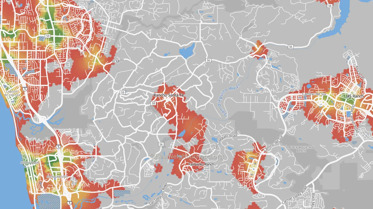 Walk Grade map of 92067, CA, walkable areas in green and car-dependent areas in red