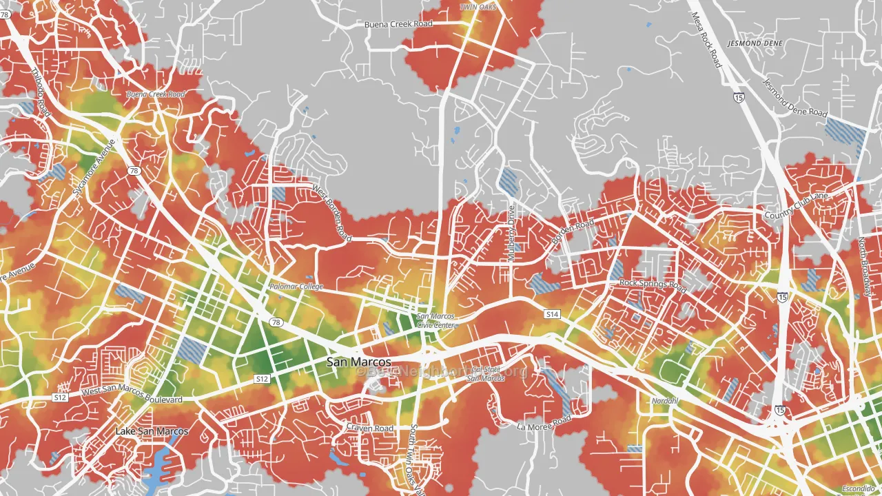 Walk Grade map of 92069, CA, walkable areas in green and car-dependent areas in red