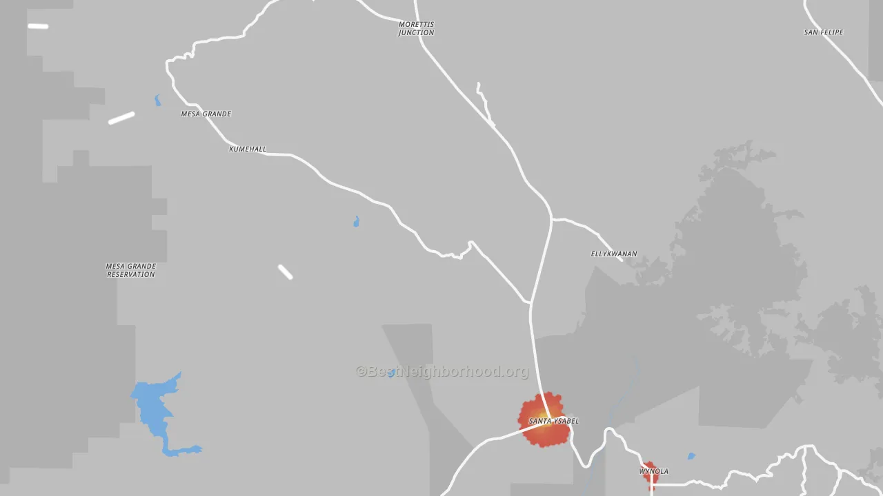 Walk Grade map of 92070, CA, walkable areas in green and car-dependent areas in red