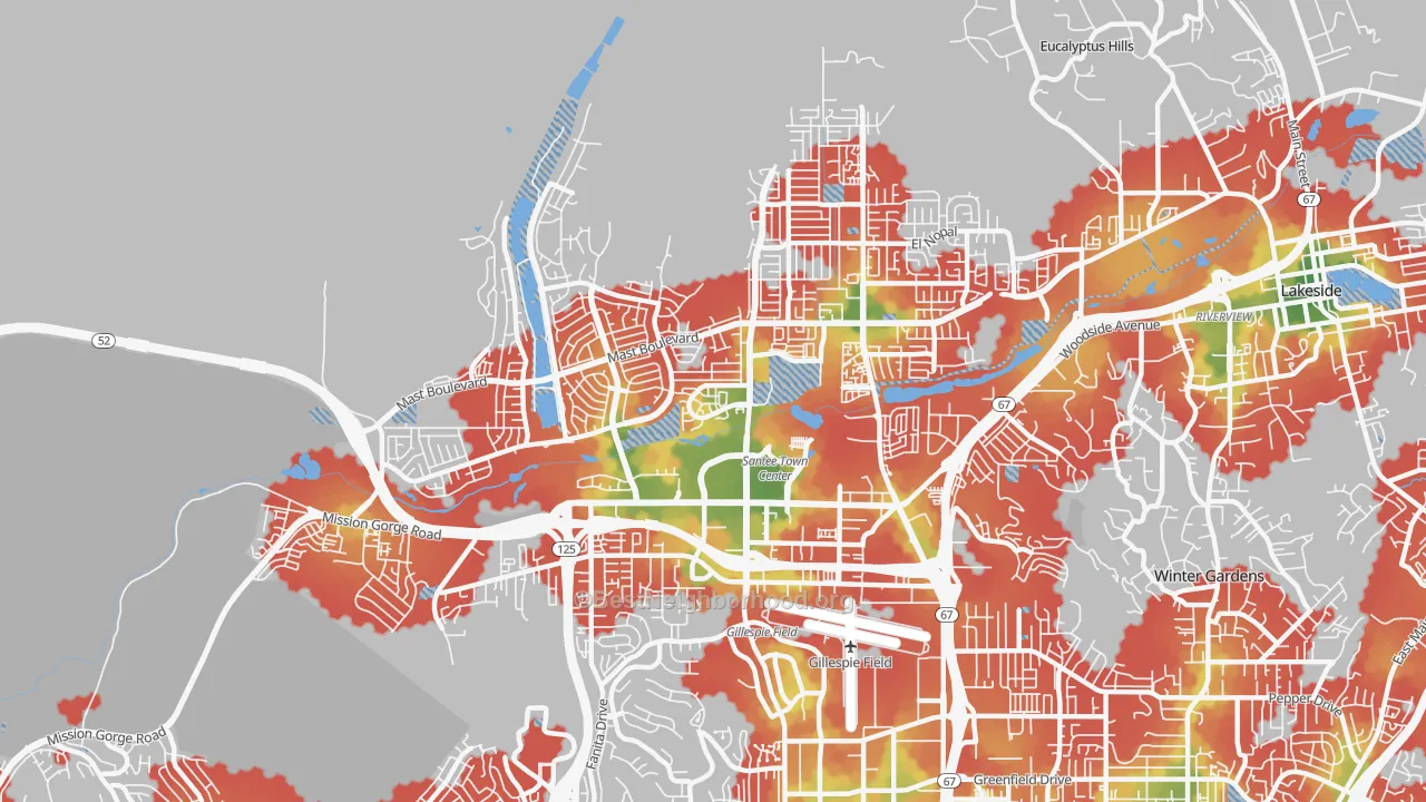 Walk Grade map of 92071, CA, walkable areas in green and car-dependent areas in red