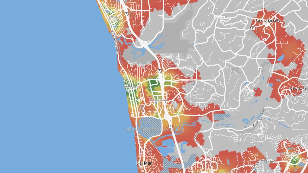 Walk Grade map of 92075, CA, walkable areas in green and car-dependent areas in red