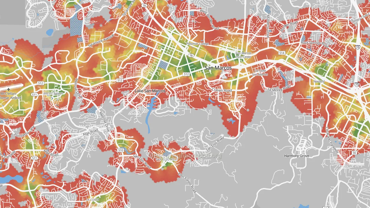 Walk Grade map of 92078, CA, walkable areas in green and car-dependent areas in red