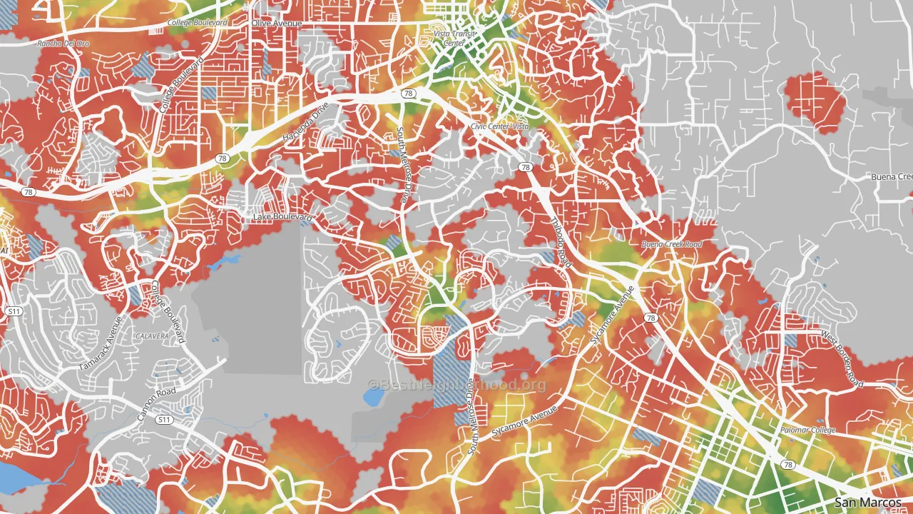 Walk Grade map of 92081, CA, walkable areas in green and car-dependent areas in red