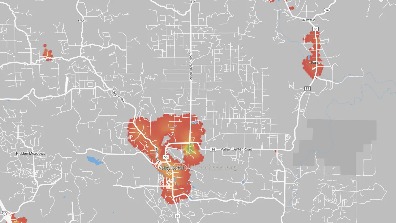 Walk Grade map of 92082, CA, walkable areas in green and car-dependent areas in red