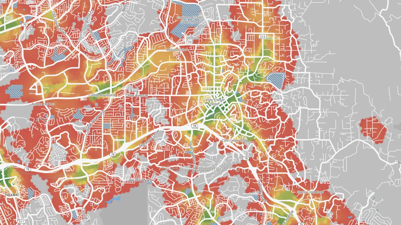 Walk Grade map of 92083, CA, walkable areas in green and car-dependent areas in red