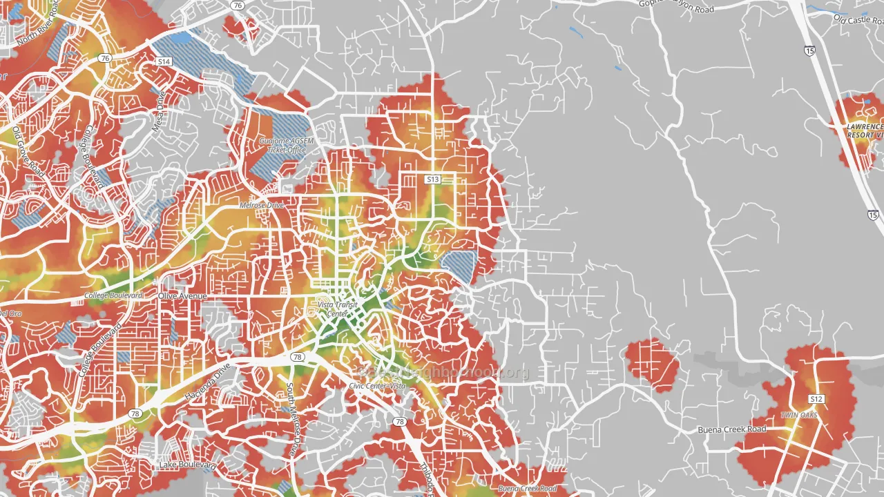 Walk Grade map of 92084, CA, walkable areas in green and car-dependent areas in red