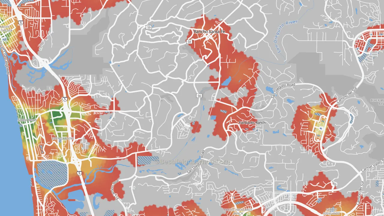 Walk Grade map of 92091, CA, walkable areas in green and car-dependent areas in red
