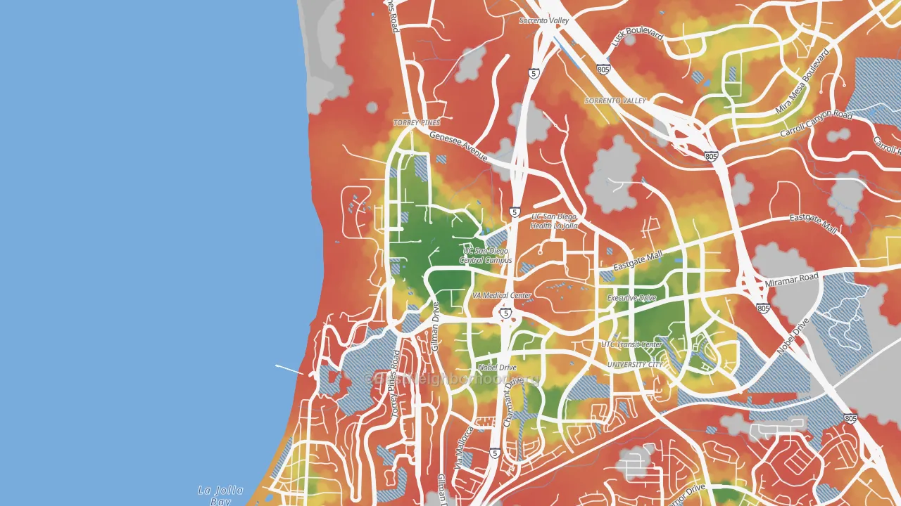 Walk Grade map of 92093, CA, walkable areas in green and car-dependent areas in red