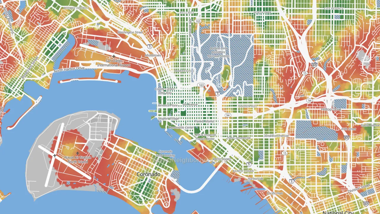 Walk Grade map of 92101, CA, walkable areas in green and car-dependent areas in red