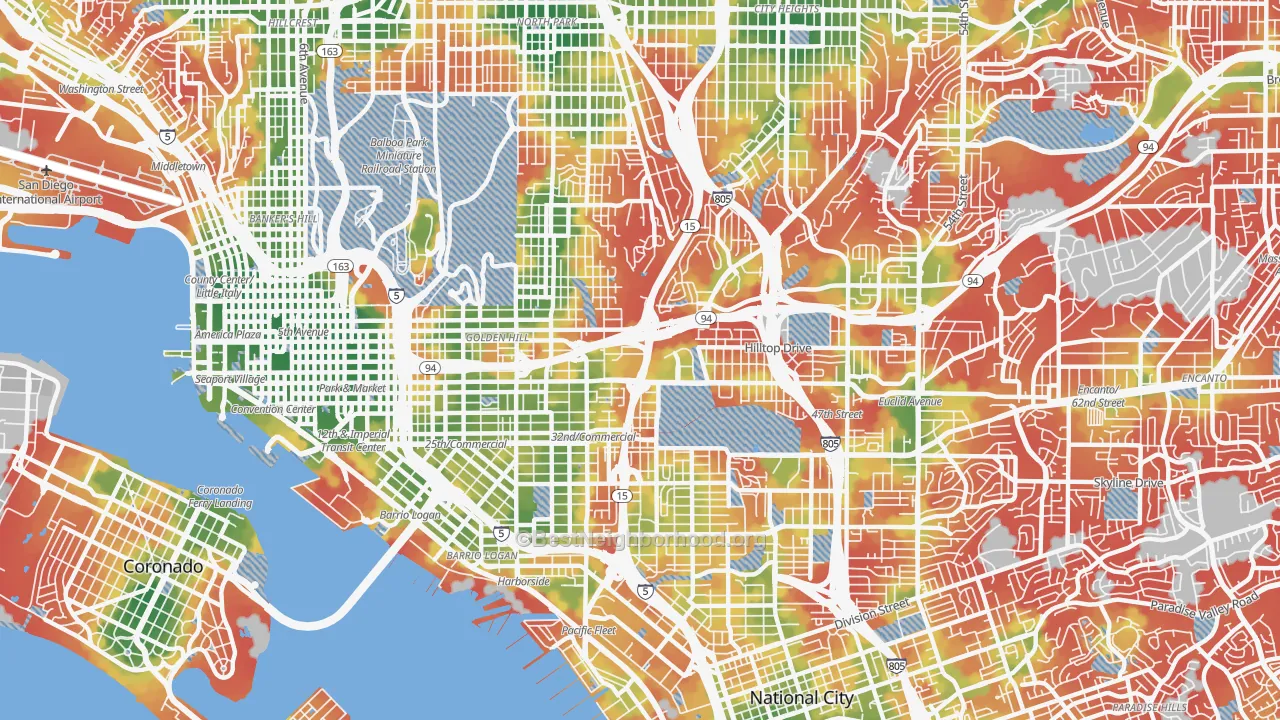 Walk Grade map of 92102, CA, walkable areas in green and car-dependent areas in red