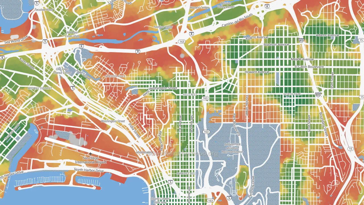 Walk Grade map of 92103, CA, walkable areas in green and car-dependent areas in red