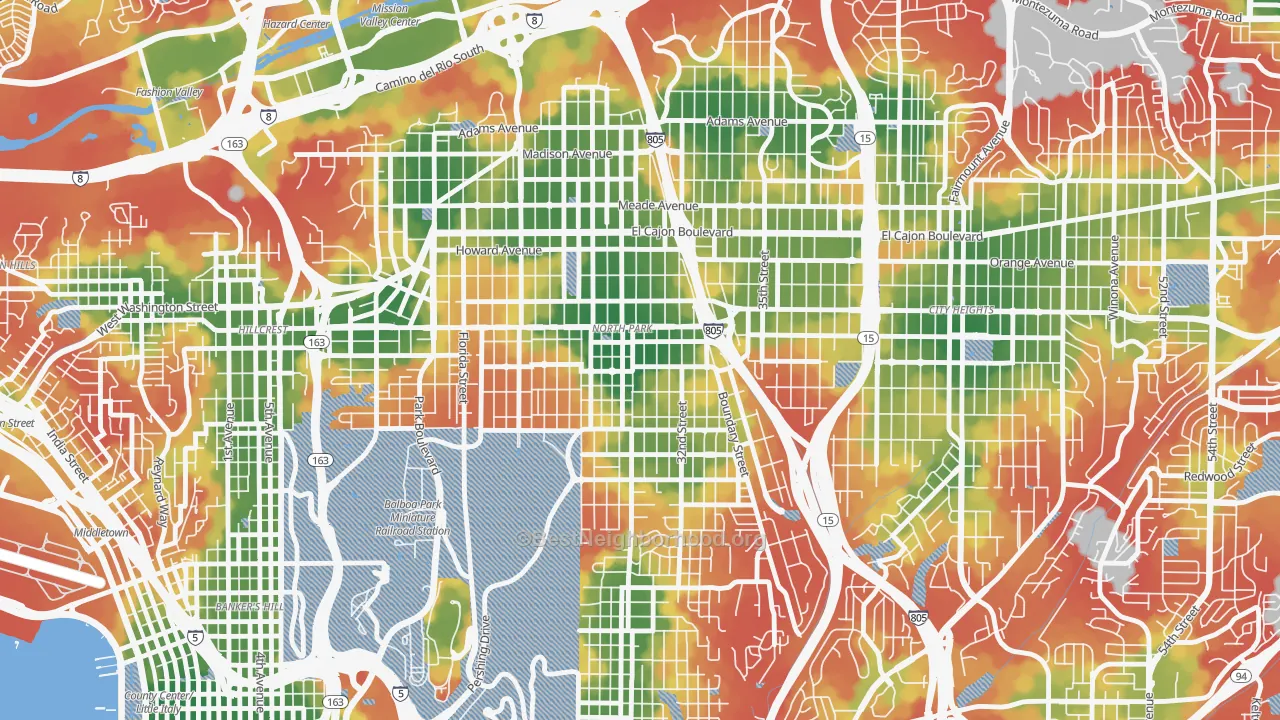 Walk Grade map of 92104, CA, walkable areas in green and car-dependent areas in red