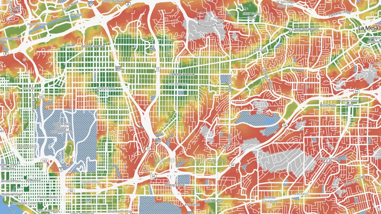 Walk Grade map of 92105, CA, walkable areas in green and car-dependent areas in red