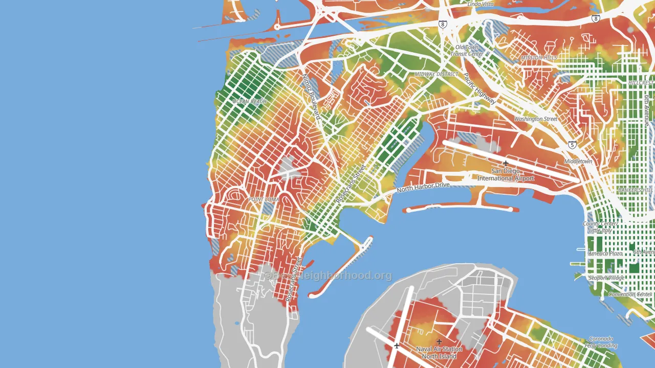 Walk Grade map of 92106, CA, walkable areas in green and car-dependent areas in red
