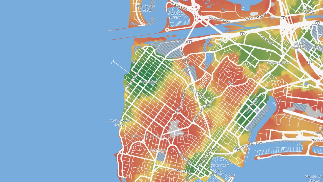 Walk Grade map of 92107, CA, walkable areas in green and car-dependent areas in red