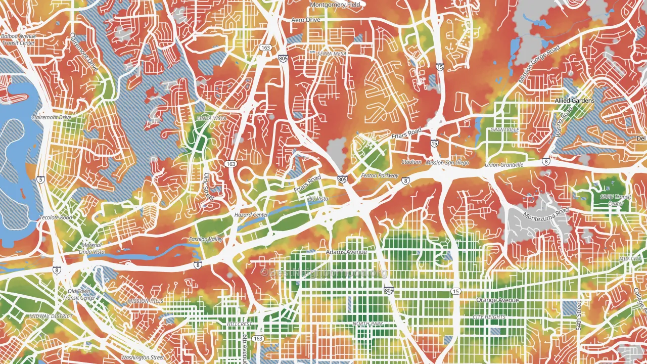 Walk Grade map of 92108, CA, walkable areas in green and car-dependent areas in red