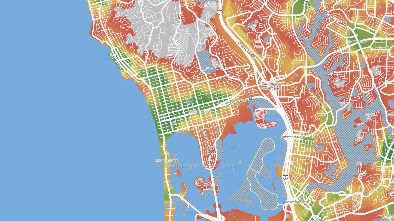 Walk Grade map of 92109, CA, walkable areas in green and car-dependent areas in red